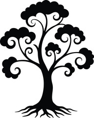 Stylized Tree Silhouette with Swirls and Roots on a White Background for Design Projects