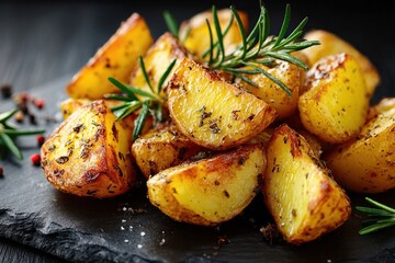 Golden roasted potatoes topped with rosemary sprigs on a dark slate plate