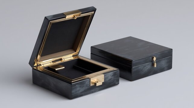 Luxury wooden jewelry boxes, one open and one closed, on a neutral background