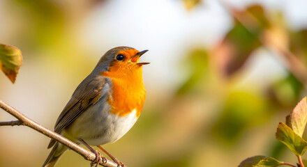european robin singing on branch