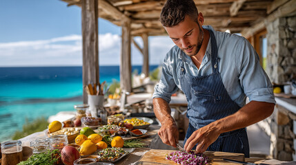 Caucasian man in blue shirt and apron cutting fresh vegetables for dinner on the beach