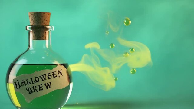 Glassy potion bottle labeled &ldquo;Halloween Brew,&rdquo; green bubbles rise, sparkles and mist swirl, isolated on green screen.

