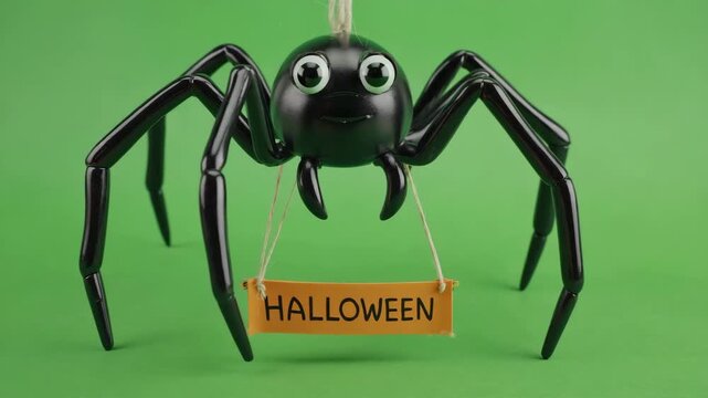 Big black spider descends on a thread holding a tiny &ldquo;Halloween&rdquo; flag in its legs, isolated on green screen.
