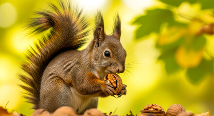 Obraz premium eurasian red squirrel eating walnut in autumnal setting