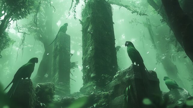 Green parrots perching on moss covered ancient ruins in a misty tropical jungle