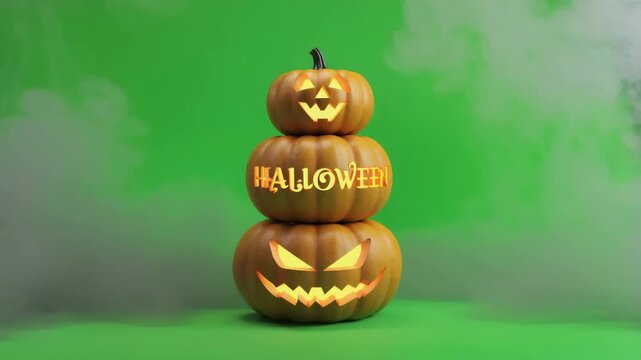 Three stacked pumpkins with the word &ldquo;Halloween&rdquo; glowing across them, top pumpkin winks, subtle smoke, isolated on vivid green screen.
