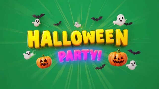 &ldquo;Halloween Party!&rdquo; text flashes i pumpkins, ghosts, and bats dance around, isolated on green screen.