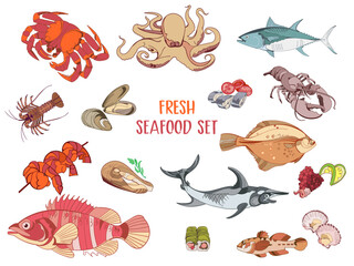 fresh seafood icon set products restaurant cafe design illustration clipart