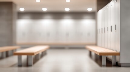 Fototapeta premium Blurred image of modern changing room with wooden benches and metal lockers in a well-lit facility designed for comfort and convenience.