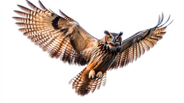 Majestic great horned owl flying with wings spread on isolated white background