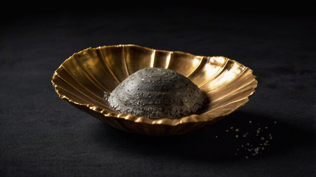A textured turtle shell resting in a golden bowl, creating a striking contrast of natural and artificial elements against a dark backdrop