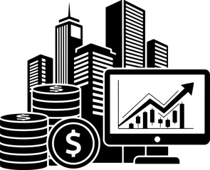 Black and white financial growth illustration with city buildings, computer screen, rising graph, and dollar coins
