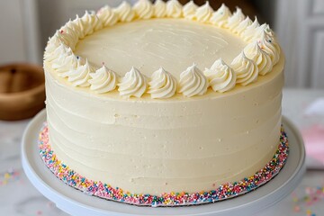 A round, single-layer vanilla cake frosted with a smooth, off-white buttercream, decorated with piped buttercream rosettes and a colorful sprinkle border.  It sits on a white cake stand