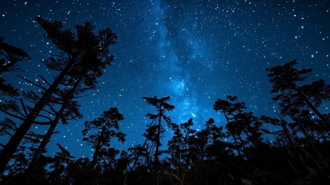 Silhouetted forest trees against a dark blue starry night sky with a bright milky way visible - Powered by Adobe