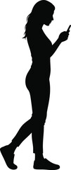 Silhouette of a Woman Walking and Using a Smartphone Against a White Background for Creative Projects