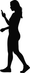Silhouette of a woman walking and looking at her phone on a white background
