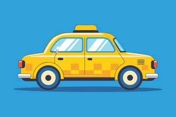 Fototapeta premium Classic retro yellow taxi cab icon featuring a simple design against a vibrant blue background ideal for transportation and city-themed projects