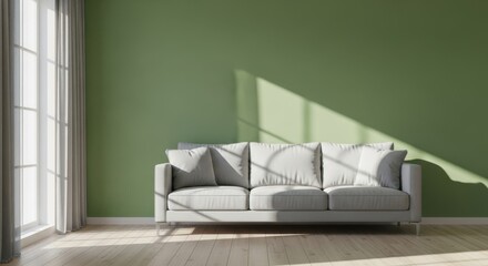 A comfortable gray sofa sits in a sunlit room with green walls and a large window