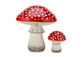 Two decorative Amanita muscaria toadstool figures, one large, one small, with vibrant glossy red caps and white spots, textured light cream stems, arranged side-by-side on a pristine transparent