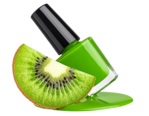  Spilled Green Nail Polish Flowing Toward Kiwi Slice, Diagonal Artistic Composition, Isolated PNG