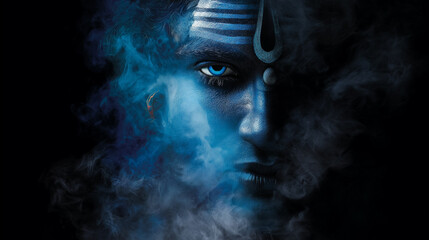 Mystic Portrait of God Shiva in Blue Smoke Spiritual Divinity