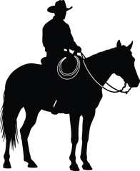Silhouette of a Cowboy Riding a Horse with Lasso Isolated on White Background Western Theme