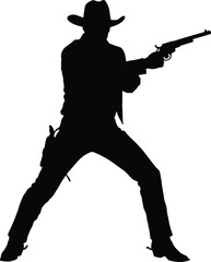 Silhouette of a Cowboy Pointing a Gun Isolated on White Background Western Theme Action