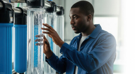 Focused Technician Inspecting Water Filtration System In Industrial Facility
