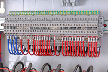 Electrical terminals with connected insulated copper wires with metal lugs. Marking with a thermal...