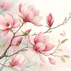 Elegant watercolor floral design with pink magnolias,  pink magnolias flowers
