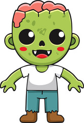 Cute zombie cartoon character with exposed brain, wearing clothes.