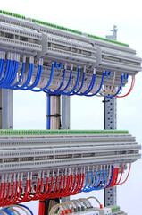 Electrical terminals with connected insulated copper wires with metal lugs. Marking with a thermal...