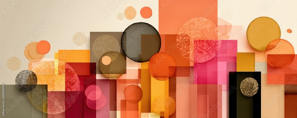 Poster abstract geometric composition with layered circles and rectangles in warm tones