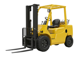 Yellow forklift operating in a warehouse, lifting pallets amidst busy background activity