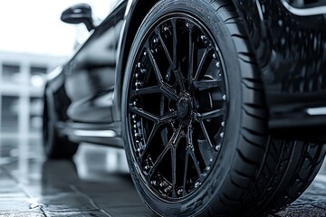 Black car wheel with deep tire tread