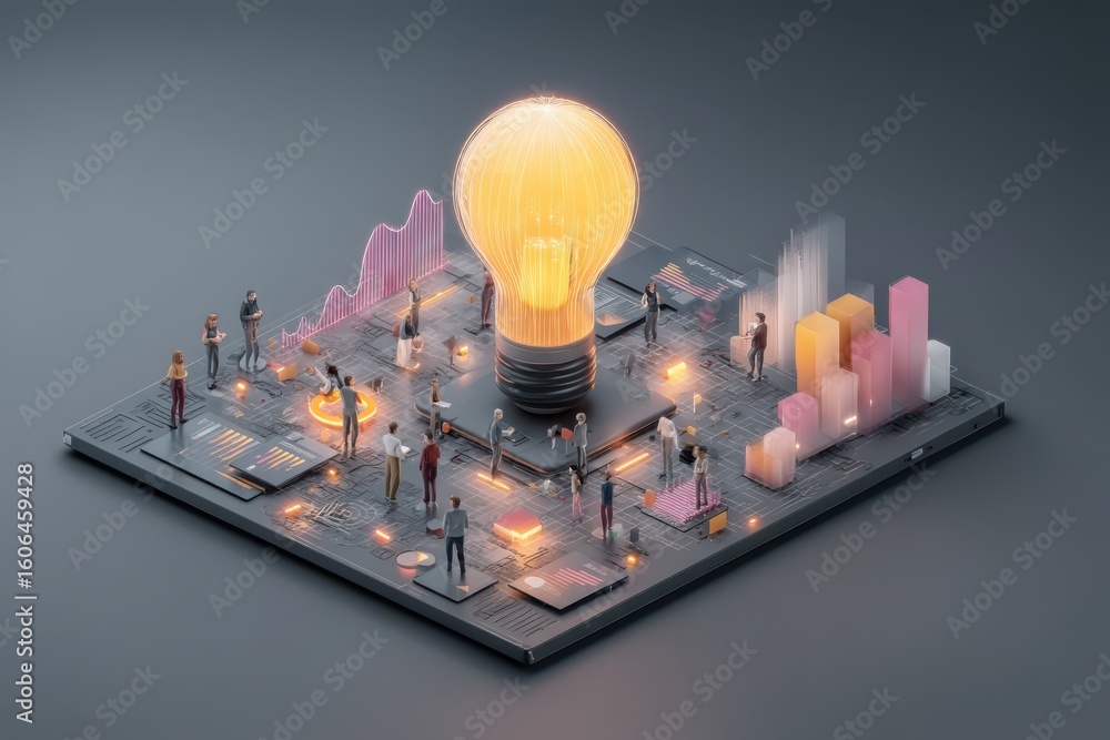 Poster isometric illustration showcasing teamwork and innovation in a tech-driven environment