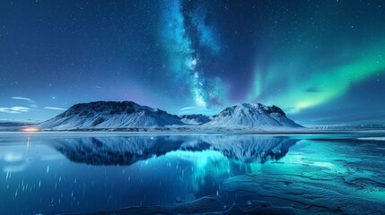 Aurora borealis dances above snowy peaks and reflections in calm, icy water under a starry, Milky Way night