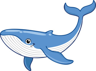 Cartoon illustration of a friendly blue whale swimming.