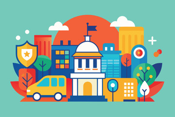Public service concept illustrated with colorful vector design showcasing government buildings, vehicles, and community elements in a vibrant urban setting