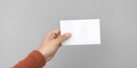 Fototapeta premium Closeup of a Person's Hand Holding a Blank White Card Against a Gray Background