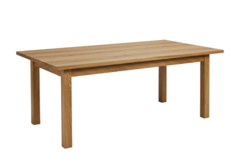 Wooden dining table with a natural finish, set against a minimalistic background