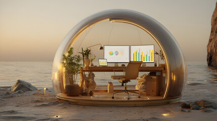 Modern Pod Office on a Serene Beach at Sunset