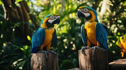 Two Blue and Yellow Macaws perched on wood in tropical forest