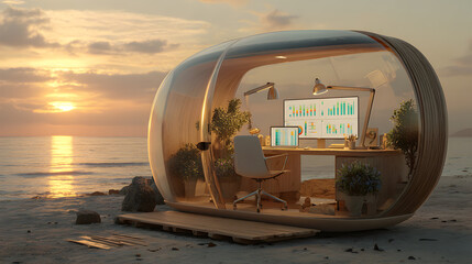 Modern Pod Office on a Serene Beach at Sunset