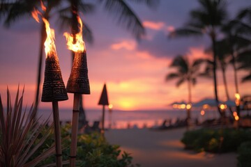 Tropical Gathering: Dusk in Hawaii with Burning Torches and Sunset Vibes at a Beach Resort