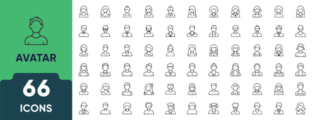 Avatars Line Icon Set. Set of 66 outline icons including user profiles, male and female faces, people, identity, account icons, and human figures. Editable stroke. Linear vector illustration.