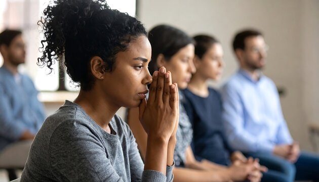 Concerned woman in a support group. - Powered by Adobe
