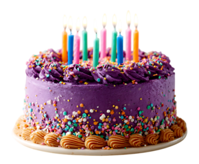 A delicious purple birthday cake with colorful candles and sprinkles.