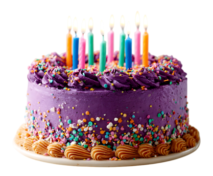 A delicious purple birthday cake with colorful candles and sprinkles.