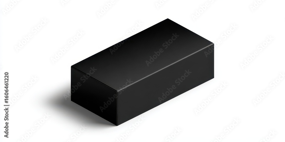 Poster isometric view of a blank black rectangle package in three-dimensional space on a white background